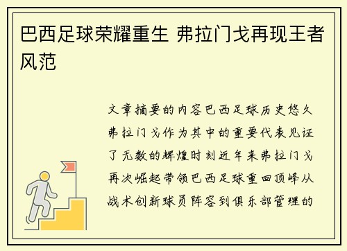 巴西足球荣耀重生 弗拉门戈再现王者风范