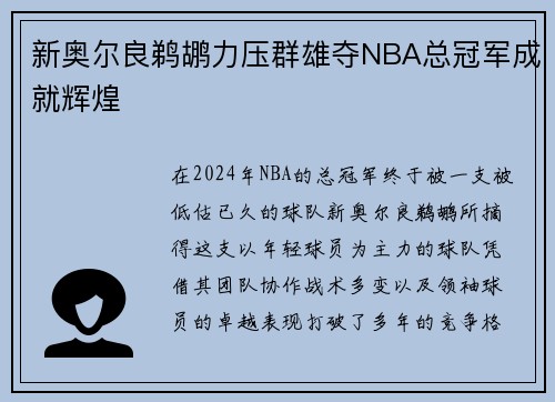 新奥尔良鹈鹕力压群雄夺NBA总冠军成就辉煌